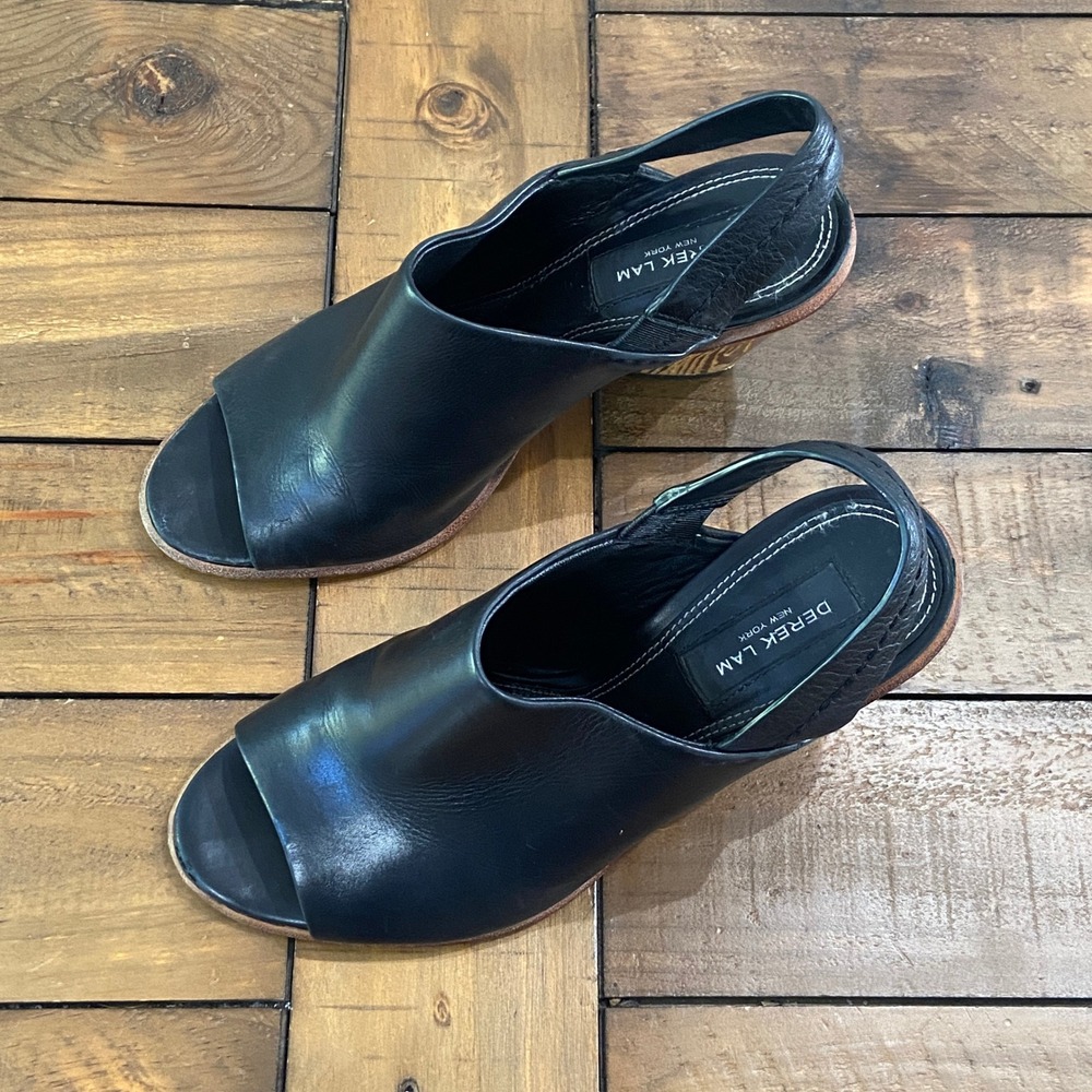 Derek Lam Mainline Black Leather Wood Grain Block Wedge Mule Sandal Sz 7.5 B